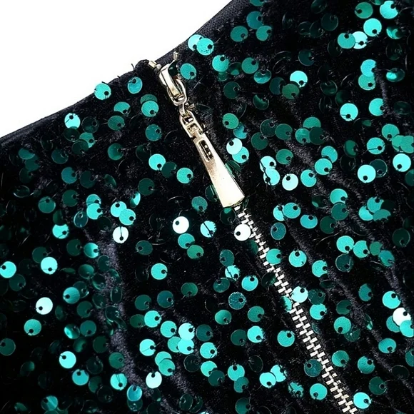 New Glam Full Length Sequin Velvet Gown Dress Long Sleeve Dark Green